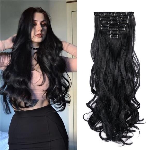 Other - 22 Inch Clip In Hair Extensions 7 PCS Long Wavy Synthetic Black Hair Extension